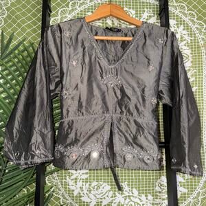 Passport Vintage Boho Mirror Work Blouse‎ - Metallic Charcoal Rayon Top - Size L